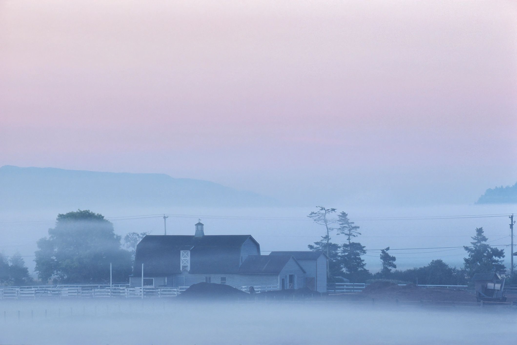 Farm buildings in morning mist